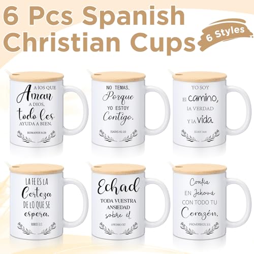 Maxdot 6 Sets Christian Gifts for Women Men Christian Mugs Bulk 12oz Coffee Mug with Lid Handle Spoon Religious Inspirational Scripture Ceramic Cup for Sunday School Vbs Grandparents(Spanish) - style: Spanish