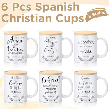 Maxdot 6 Sets Christian Gifts for Women Men Christian Mugs Bulk 12oz Coffee Mug with Lid Handle Spoon Religious Inspirational Scripture Ceramic Cup for Sunday School Vbs Grandparents(Spanish) - style: Spanish