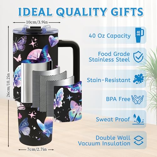 40oz Tumbler with Handle & Straw, Butterfly Gifts for Women - color: Butterfly-Black