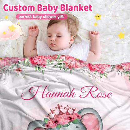 Personalized Baby Elephant Blanket for Girls with Name - color: Pink Elephant
