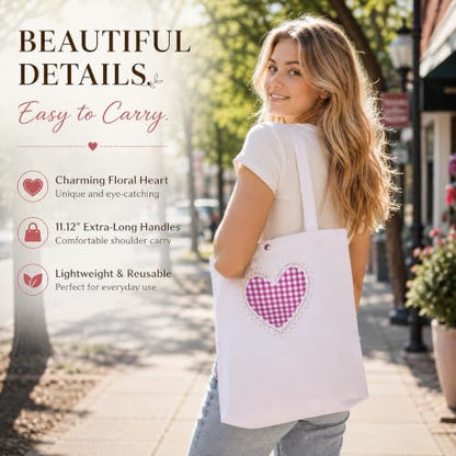 Christian Tote Bag Gift for Women, Canvas Bible Bag Handmade Floral Cross - color: White-gingham Love