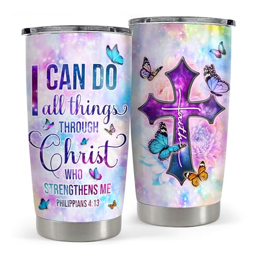 Christian Tumbler 20oz Stainless Steel Insulated Travel Mug Cup for Women Girls Inspiration Bible Verse Religious Gifts for Birthday Christmas - color: Christian