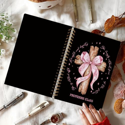 LIANGW Black and Pink Bow Church Notes Notebook for Note Taking - color: Proverbs 31:25 - Black