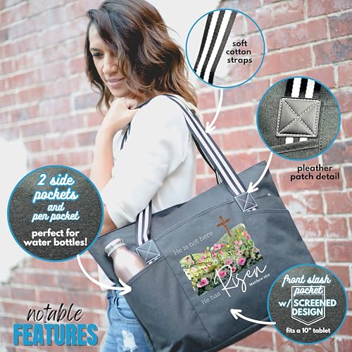 Brooke & Jess Designs Church Bags for Women - Bible Tote Bags for Women, Large Tote Bag for Womens with Zipper - color: Black Tessa He is Risen
