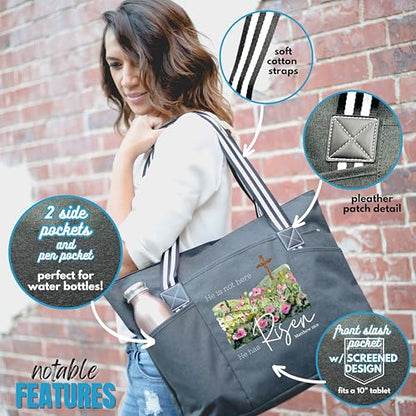 Brooke & Jess Designs Church Bags for Women - Bible Tote Bags for Women, Large Tote Bag for Womens with Zipper - color: Black Tessa He is Risen