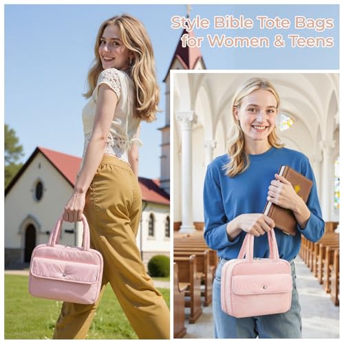 WOBAGMEN Puffy Bible Cover Case for Women with Study Supplies,Soft Bible Bag with Highlighters for Girls, Bible Journaling Kit Christmas Christian Gift for Women (Pink, M) - color: Pink