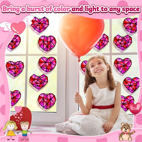32 Sets Heart Suncatchers Craft Kit for Valentine's Day DIY Window Stained Glass Paper Pink Love Home School Classroom Decor Valentines Art Craft Creative Activity Project Kid Christmas Gift Favor - style: Valentines