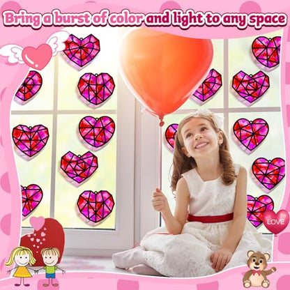 32 Sets Heart Suncatchers Craft Kit for Valentine's Day DIY Window Stained Glass Paper Pink Love Home School Classroom Decor Valentines Art Craft Creative Activity Project Kid Christmas Gift Favor - style: Valentines