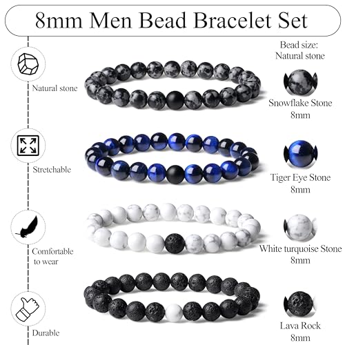 Mens Beaded Bracelets, 8MM Beaded Bracelets for Men, Natural Tiger Eye Bead Bracelet, Stretch Elastic Beads Bracelets for Men - color: 4 Snowflake Lapis Black Volcanic White