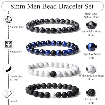 Mens Beaded Bracelets, 8MM Beaded Bracelets for Men, Natural Tiger Eye Bead Bracelet, Stretch Elastic Beads Bracelets for Men - color: 4 Snowflake Lapis Black Volcanic White