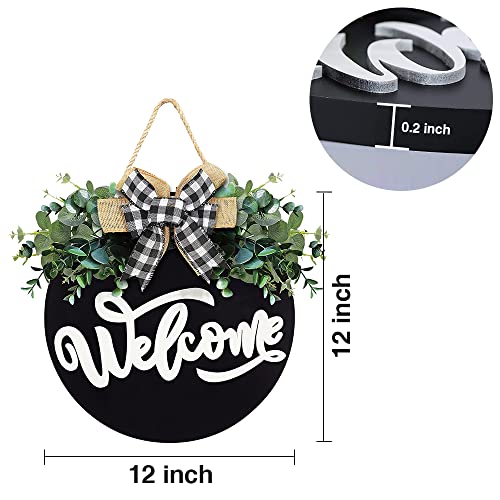 Welcome Sign for Front Door, 12 Inch Round Black Wood Wreath