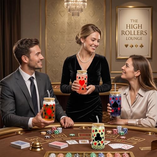 Glass Cups with Lids and Straws, 4Pack, 16oz, Poker Casino - color: Playing Cards Suits