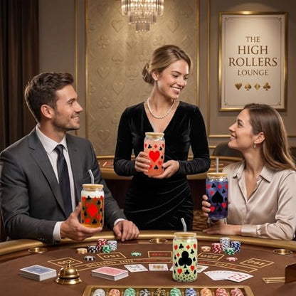 Glass Cups with Lids and Straws, 4Pack, 16oz, Poker Casino - color: Playing Cards Suits