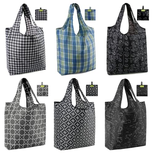 BeeGreen Reusable Shopping Bags Cute Grocery Bag 6 Pack, Reusable Gift Bags Heavy-Duty Foldable Shopping Totes for Supermarket, Work & Travel, Large Washable Polyester Tote Bag with Handles - color: Geometry - Grey, Black, Green