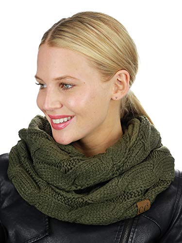 C.C Women's Winter Cable Knit Sherpa Lined Warm Infinity Pullover Scarf - color: Dark Olive