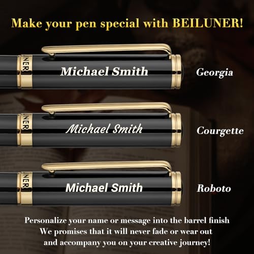 BEILUNER Black Personalized Fountain Pen,Stunning Luxury Lacquer,24K Gilded Nib(Fine),Gorgeous 24K Gold Finish, Ink Converter,Fancy Office Gift for Men&Women-Elegant, Graduation,Nice Pens for Writing - color: ,Black with Gold (Personalized), style: Fine N