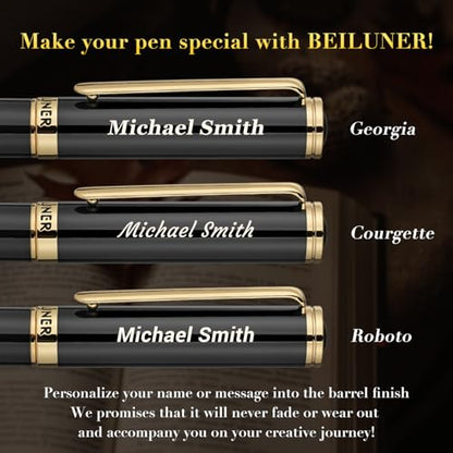 BEILUNER Black Personalized Fountain Pen,Stunning Luxury Lacquer,24K Gilded Nib(Fine),Gorgeous 24K Gold Finish, Ink Converter,Fancy Office Gift for Men&Women-Elegant, Graduation,Nice Pens for Writing - color: ,Black with Gold (Personalized), style: Fine N
