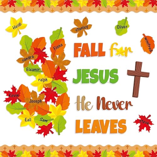 BeYumi 94Pcs Fall for Jesus He Never Leaves Christian Bulletin Board Set Autumn Maple Leaves Name Tags Cutout Boarders Trim Thanksgiving Faith Religious Classroom Sunday School Church Chalkboard Decor - style: Fall for Jesus