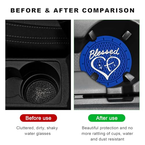 2PCS Car Cup Holder Coaster, 2.76 Inch PVC Anti Slip Car Cup Insert Coaster with Blessed Cross and Heart, Shockproof Dustproof Drink Mat Universal for Most Vehicles Interior (Blue) - color: Blue