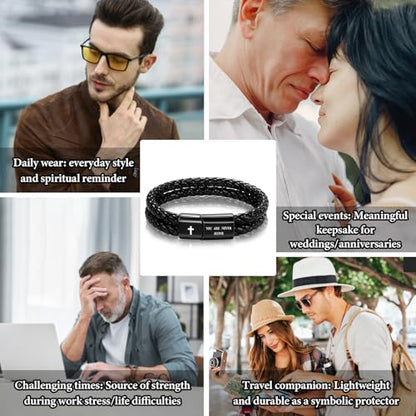 Christian Bracelet for Men, Bible Verse Leather Cross Gift for Men - color: A-Joshua 1:9 - with no card