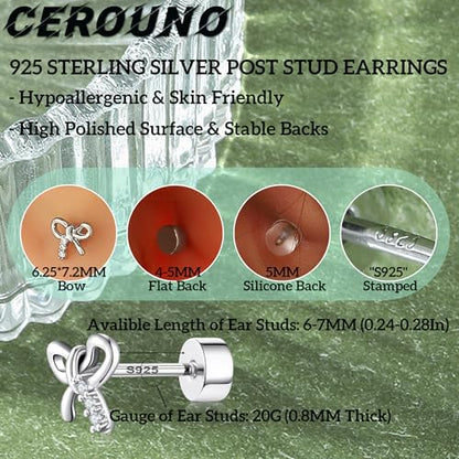 CEROUNO Flat Back Stud Earrings - 925 Sterling Silver Post Flatback Earrings Gold Silver Cubic Zirconia Earrings Studs for Women - color: Silver Bow