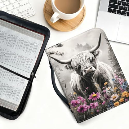 Bible Cover for Women Large PU Leather Zippered Bible Case with Handle and Flower Highland Cattle Design, Christian Bible Cover for Girls & Women, Cover Fits Standard 9.5"x7.5"x2.3" Bible - color: Flower Highland Cattle