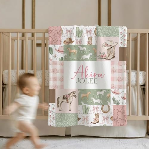 Personalized Western Baby Blanket Girl, Pink Bow Western Boots Pattern, Custom Name Toddler Kids Throw Blanket, Girly Ranch Nursery Decor, Baby Girl Gift - color: Western Baby Blanket Girl