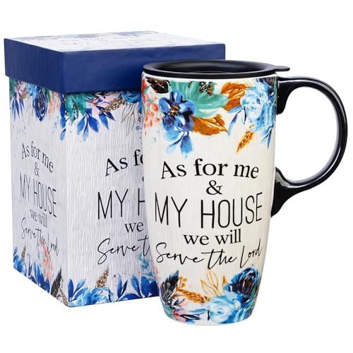 Topadorn 17oz Ceramic Travel Mug with Lid, Blue Floral Coffee Mug - color: Serve the Lord