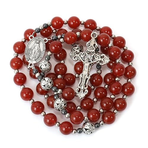 Nazareth Store Genuine Rosary Stone Beads Necklace Metal Beaded Glory Beads Miraculous Medal & Silver Cross Crucifix For Men and Womens - color: Red Garnet