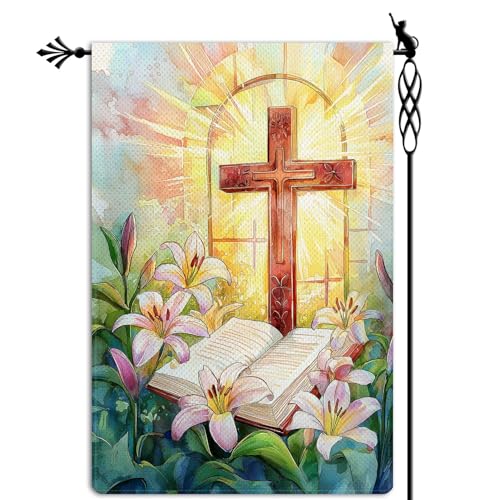 He is Risen Cross Garden Flag Stained Glass Style Spring Easter Garden Flag Lily Bible Vertical Double Sided Rustic Farmland Burlap Yard Lawn Outdoor Decor 12.5x18" - color: He is Risen Cross #WQ319