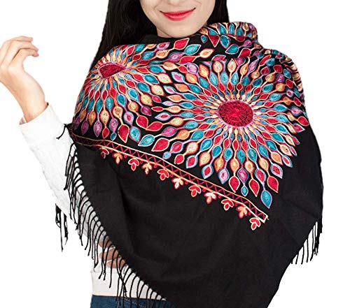 Urban CoCo Embroidered Scarf for Women, Tassel Shawl, Soft Lightweight Wrap - color: Black