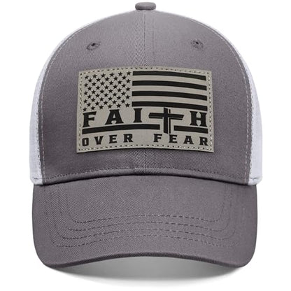 Faith Over Fear Christian Hats for Men Women, American Flag Trucker Hat, Religious Gifts for Thanksgiving Christmas - color: Grey