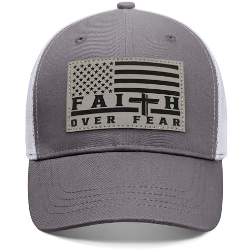 Faith Over Fear Christian Hats for Men Women, American Flag Trucker Hat, Religious Gifts for Thanksgiving Christmas - color: Grey