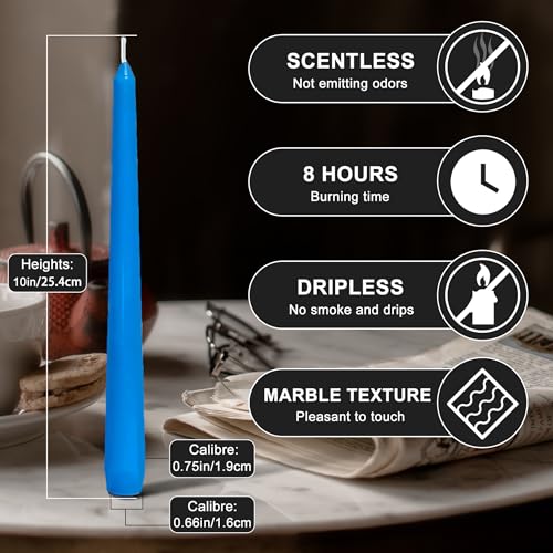 12 Pack Blue Taper Candles丨Taper Candles 10 Inch Dripless丨Unscented & Smokeless Candlesticks Bulk丨7-8 Hours Long Burning Tall Candles丨Ideal for Christmas Weddings Parties Dinner - color: Blue, size: 12 Pack Taper Candle