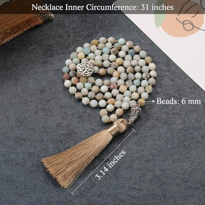 INBLUE 108 Mala Prayer Beads Wrap Necklace with Long Tassel Boho Necklace for Women Amazonite Bead Bracelet with Spiritual Tree of Life Pendant 108 Beads Necklace for Meditation - color: Natural Amazonite