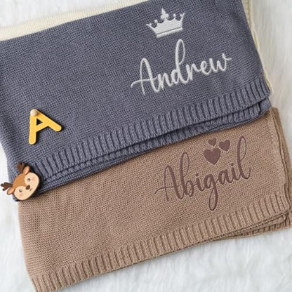 IZI POD Personalized Knit Baby Blanket, Embroidered Name Nursery Blanket, Cotton Knit Stroller Blankets, Gift for Baby, Birthday - Style 6 - color: Custom 3