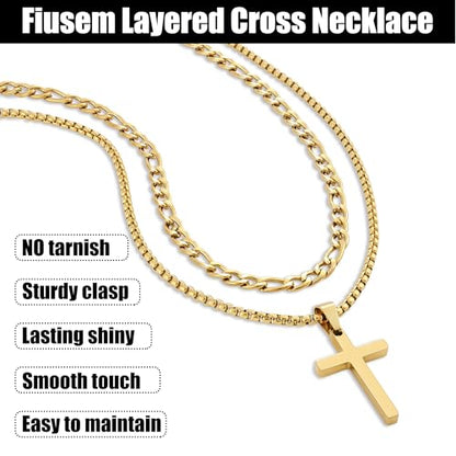 Fiusem 2 Pcs Cross Necklace Chain for Men, Stainless Steel Pendant - color: Gold, size: 16/18 Inches