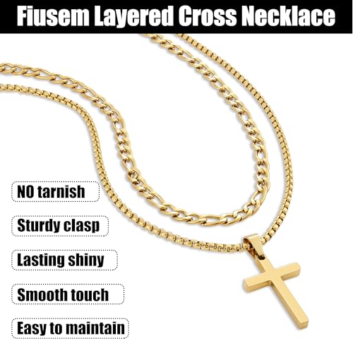 Fiusem 2 Pcs Cross Necklace Chain for Men, Stainless Steel Pendant - color: Gold, size: 18 /20 Inches
