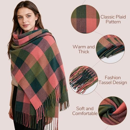 Loritta Winter Scarf for Women, Long Plaid Shawl Wraps Scarves Gifts - color: H- Red Green Lattice