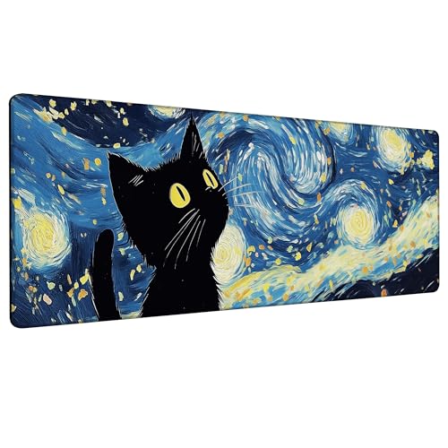 Large Gaming Mouse Pad Blue Starry Night Black Cat Desk Mat,Non-Slip Rubber Base Stitched Edges,Extended Mousepad for PC,Laptop,Office,Home Decor(31.5 x 11.8 Inch) - color: Blue Starry Night Black Cat, size: 31.5L x 11.8W inches