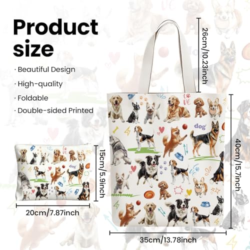 2 Pack Canvas Tote Bag with Makeup Zipper Pouch Colorful Polyester Printed Reusable Shopping Bags for Women - style: Dog