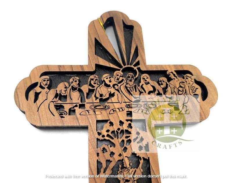 Olive Wood Last Supper Cross for Wall, Wooden Cross Wall Decor, Cross Christmas Tree Ornament, Holy Land Gifts, Religious Gifts for Home, 6.25 X 4.1 Inches - style: One Cross