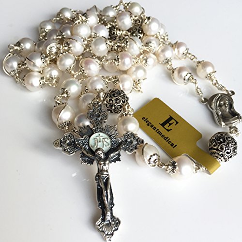 elegantmedical Wire Wraped Bali 925 Sterling Silver Pearl Beads Rosary Necklace Cross