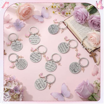 Nosiny 9 Pcs Christian Gift for Women Bulk Bible Verse Religious Keychain Baptism Faith Flower Cross Inspirational Gifts - style: Butterfly, Cross
