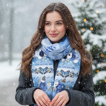 The Virgin Mary Bible Verse Shawls for Women, Catholic Christian Blanket Scarf Gifts or Mom Teacher Christmas - color: Blue Butterfly