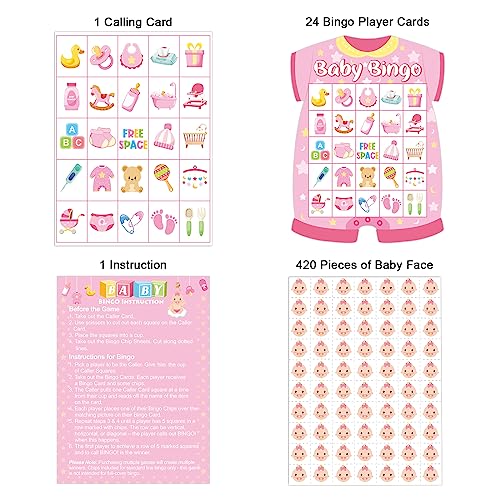 Baby Shower Bingo Cards - 24 Guests Pink Newborn Baby Bingo for Shower Party Supplies - color: Baby Girls