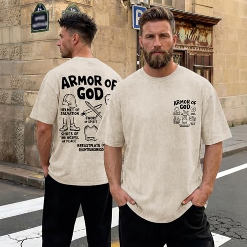 BINTEHGS Mens Oversized Christian Faith Shirt Armor of God Graphic Tee Vintage Religious Shirts Acid Wash Bible Verse T Shirt - color: Apricot, size: Large