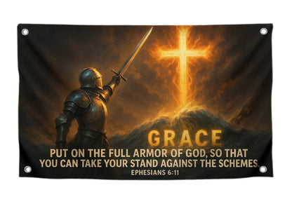 3x5 Feet Christian Armor of God Flag with Quote - "Grace Put On The Full Armor Of God" with 4 Brass Grommets - Polyester Christian Wall Decor Jesus Flags for Church - Single Sided Banner for Bedroom