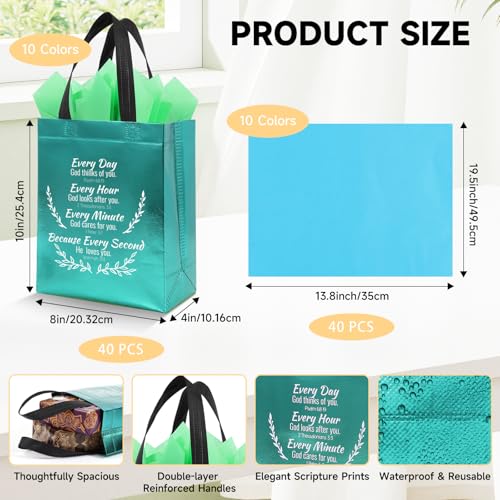 LUAVIARU 80 Pcs Bible Verse Christian Gift Bags Set – 40 Lake Blue Reusable Gift Bag with Handles & 40 Tissue Paper, Religious Gift Bag for Church Events, Baptism, Easter, Communion, Congratulations - color: Lake Blue, size: 40