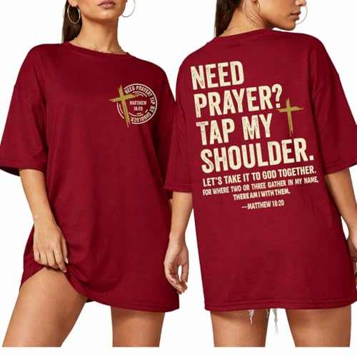 Christian Shirts for Men Women Need Prayer Tap My Shoulder Shirt Christian Religious Faith Bible Verse Cross Shirt - color: Claret, size: X-Large